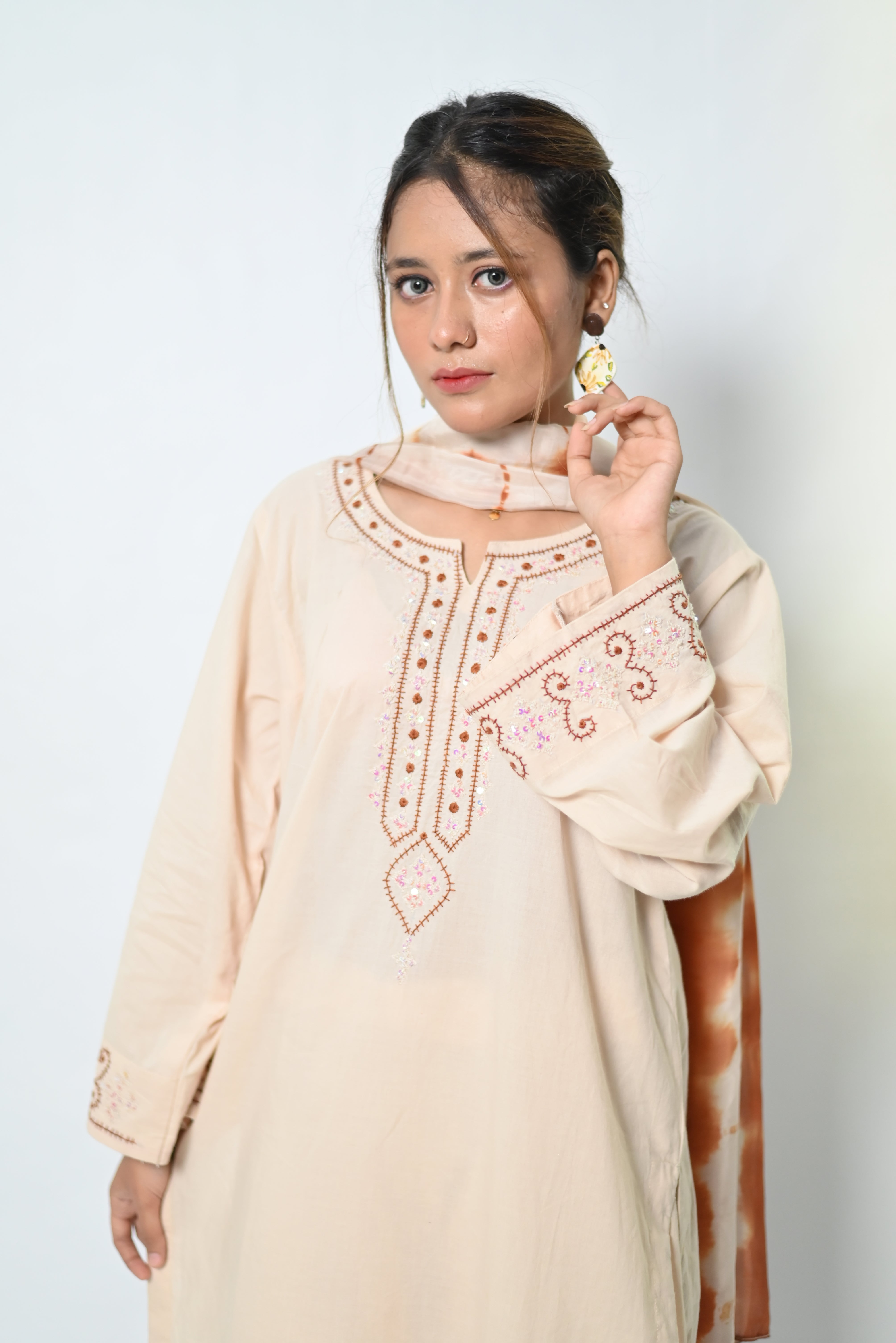 Chandni – Warm Beige Straight Shirt with Traditional Borders