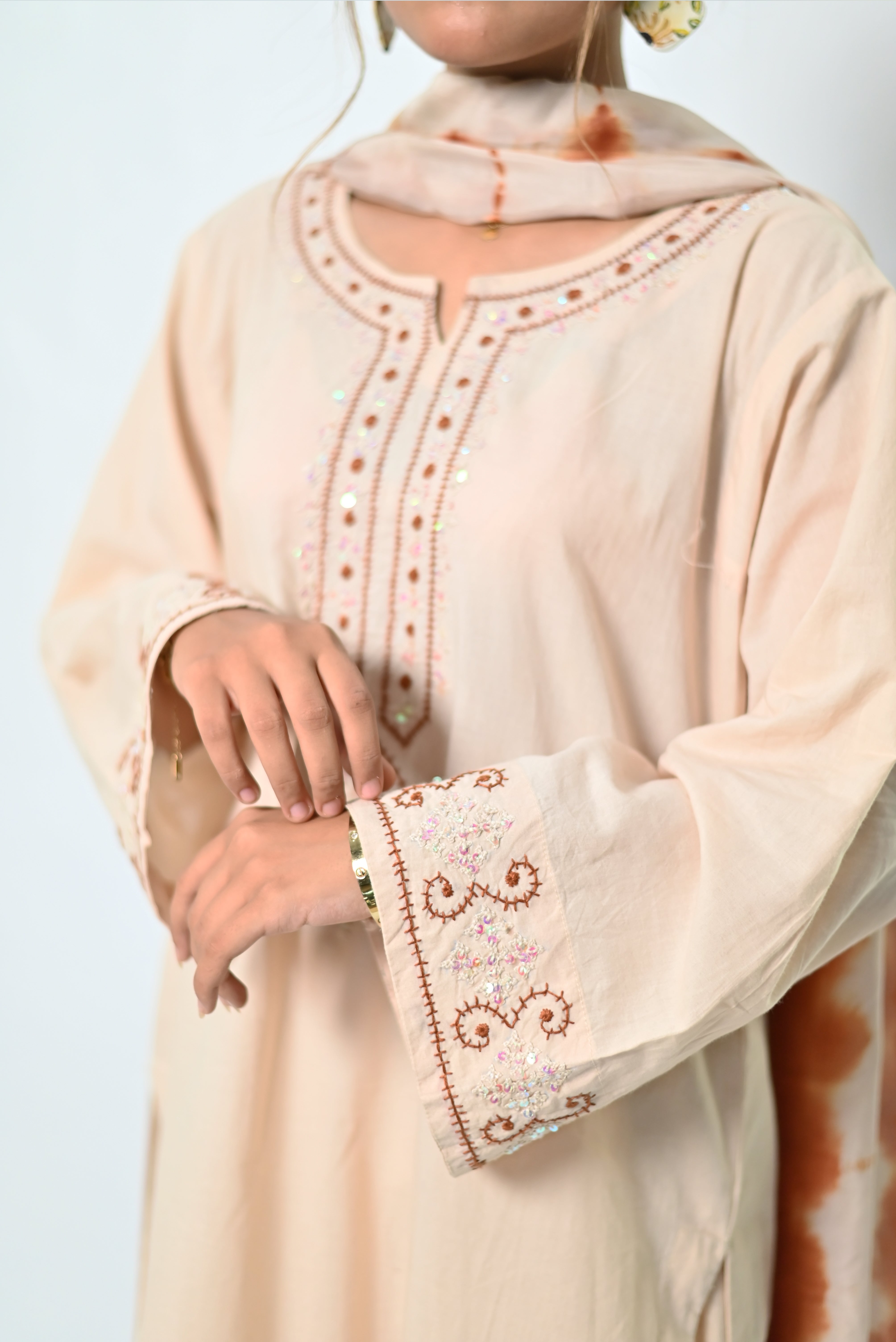 Chandni – Warm Beige Straight Shirt with Traditional Borders