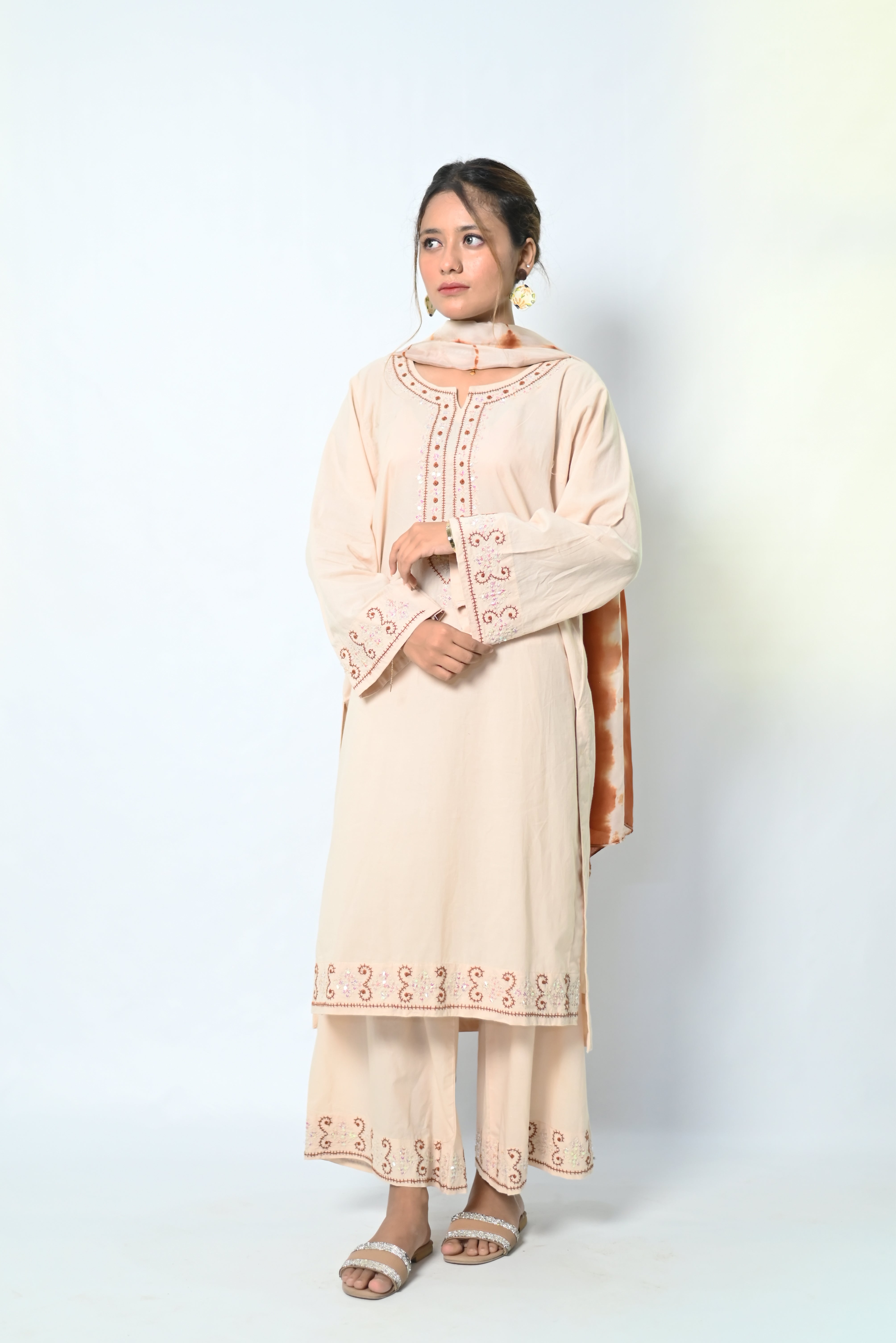 Chandni – Warm Beige Straight Shirt with Traditional Borders
