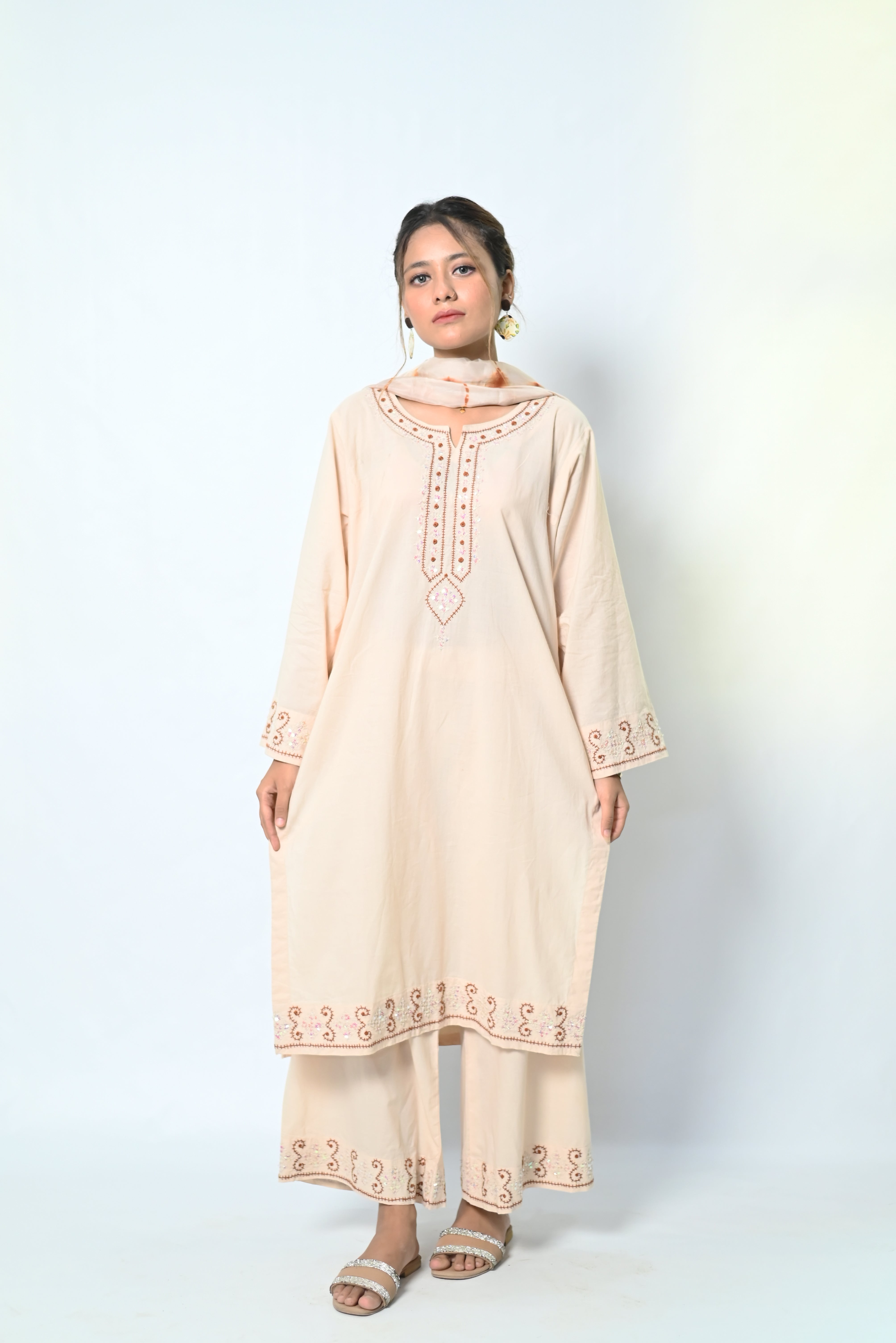 Chandni – Warm Beige Straight Shirt with Traditional Borders